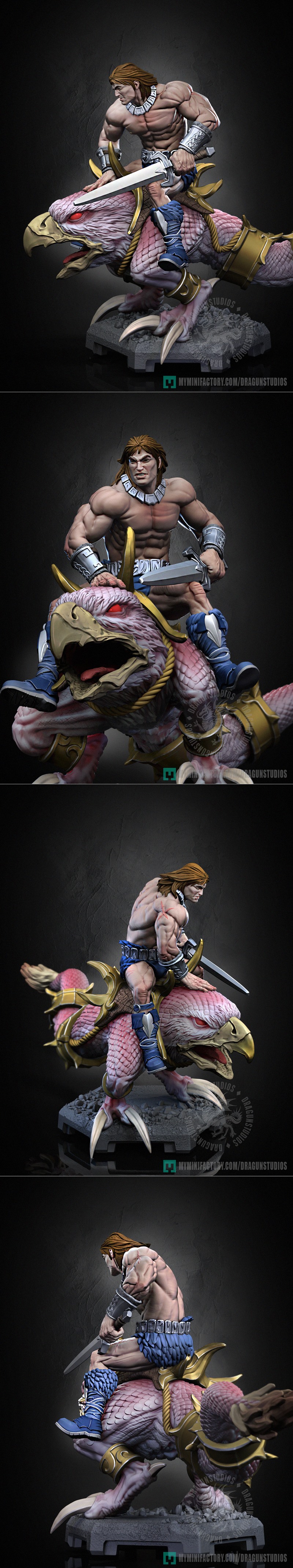 3D model of a muscular barbarian warrior riding a large, eagle-like creature with golden armor and red eyes. One vers...