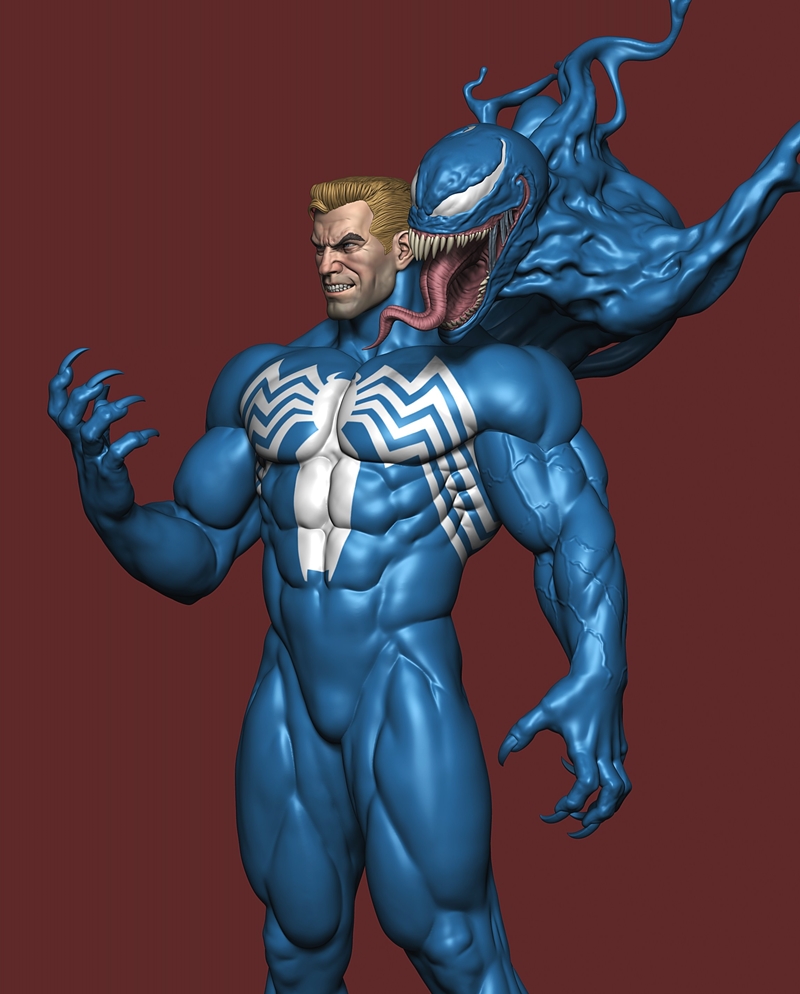 3D model of Eddie Brock in a blue suit with white spider symbol, with the Venom symbiote emerging from behind him, sh...