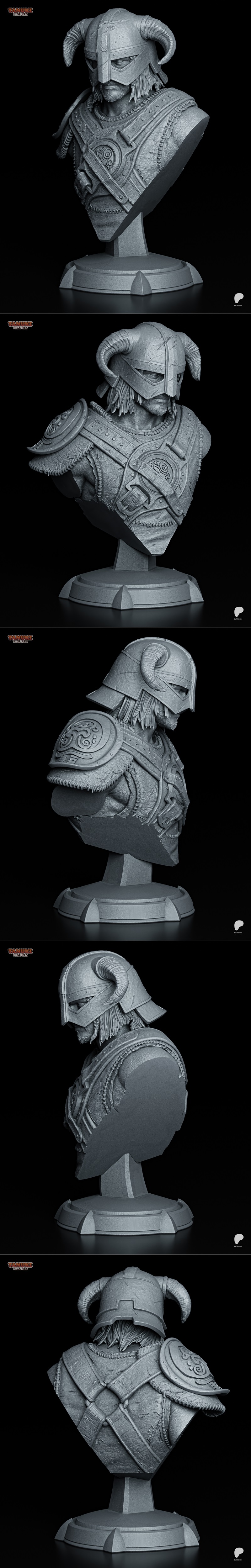 Dragonborn bust from Skyrim, wearing a horned helmet and detailed armor, presented on a stand. 3D model by Tanuki Fig...