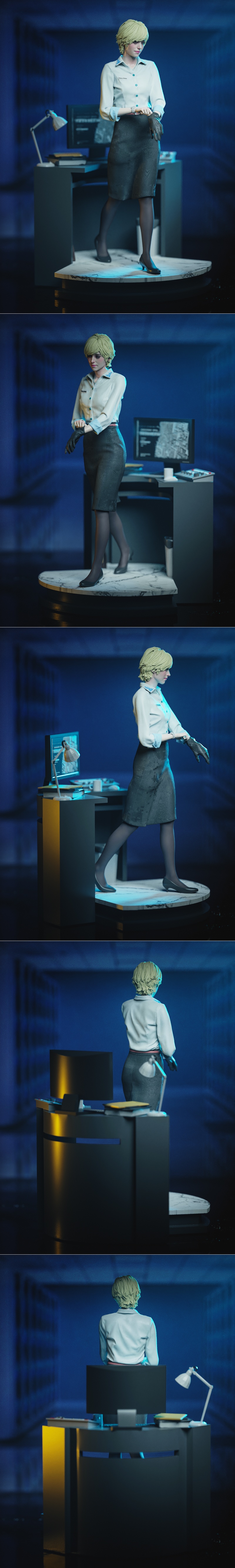 Sherry Birkin 3D model by Yongblood Sculpture, wearing a white shirt and dark skirt, putting on black gloves. Office...