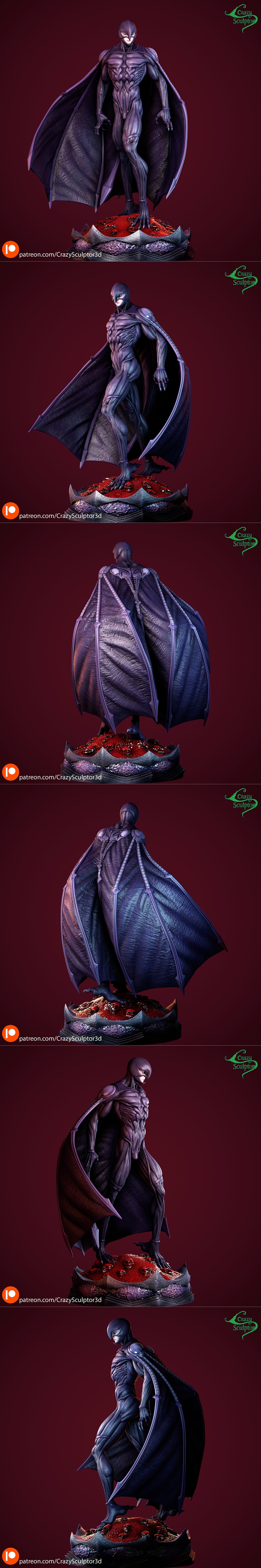 Crazy Sculptor 3D model of Femto from Berserk, a demonic figure with a mask, muscular body, and large dark wings, sta...