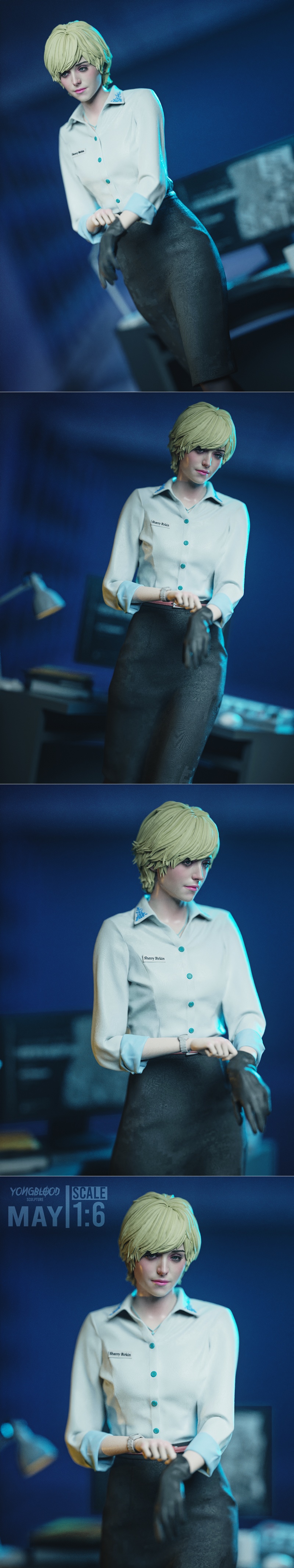 Sherry Birkin 3D model by Yongblood Sculpture, wearing a white shirt and dark skirt, putting on black gloves. Office...