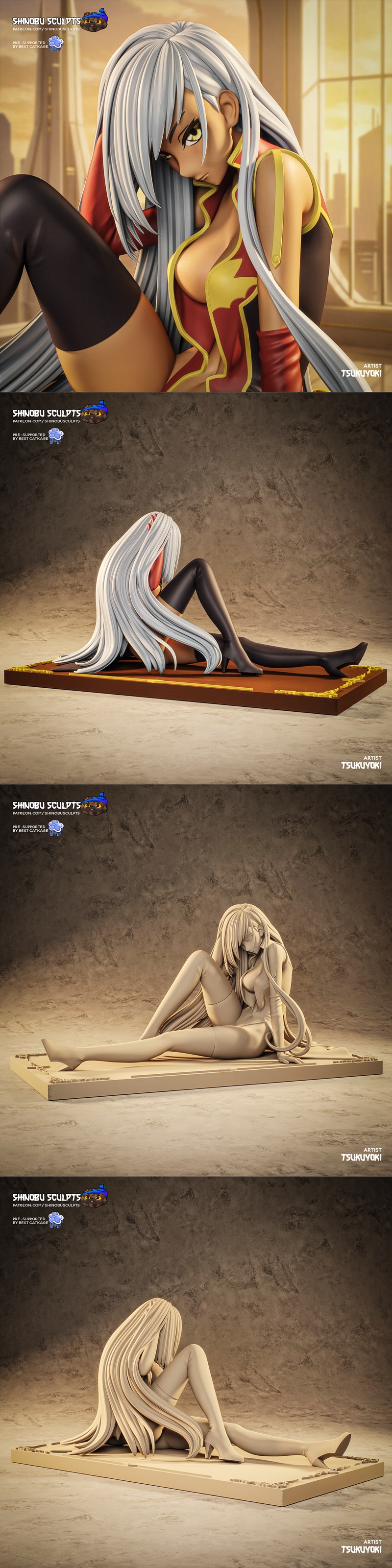Villetta Nu from Code Geass, a 3D printable figure by Shinobu Sculpts, sits on a wooden base wearing a revealing red...