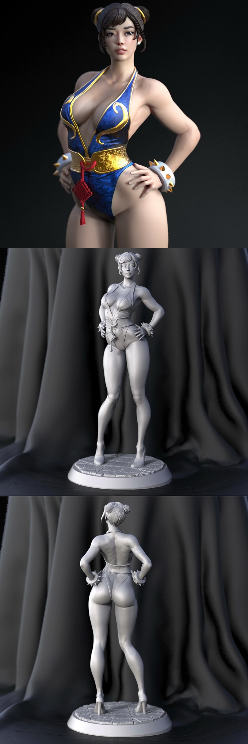 3D model of Chun-Li in a blue and gold swimsuit, standing on a circular base with hands on hips.
