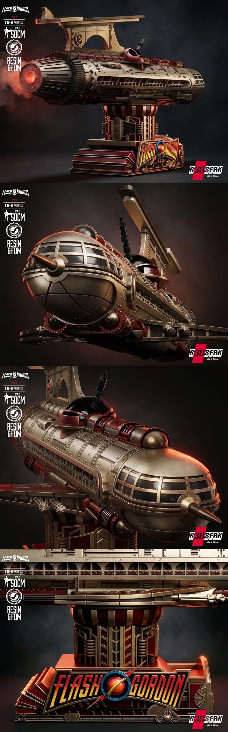 B3DSERK 50cm scale Flash Gordon spaceship, retro sci-fi design with art deco elements, displayed on a stand with Flas...