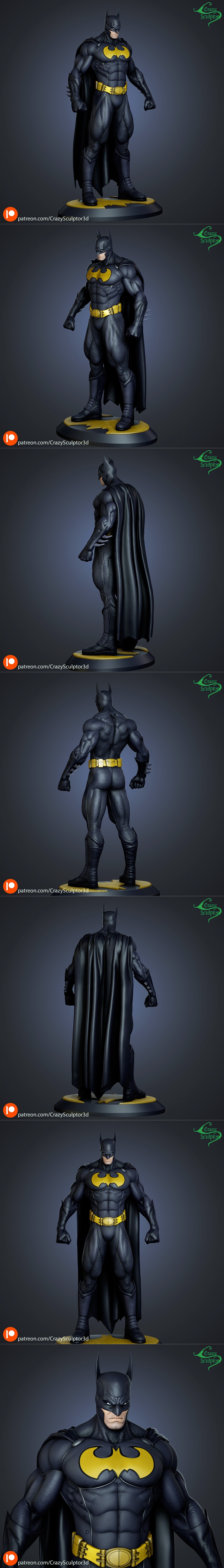 Batman figure in dark suit with yellow bat symbol and utility belt, standing heroically on a bat-shaped base. Created...