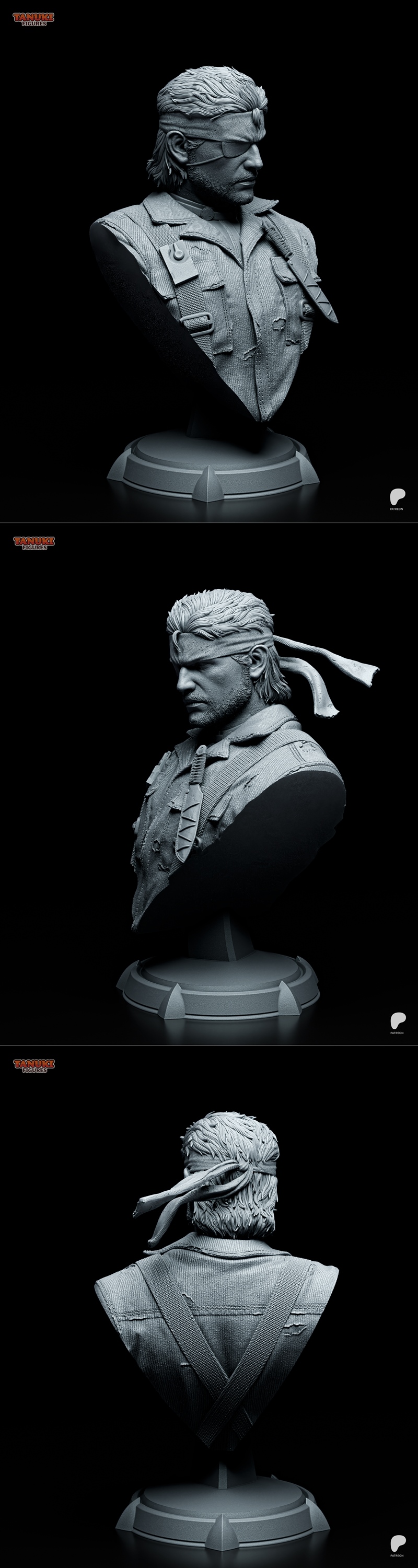 Bust of Big Boss from Metal Gear Solid, wearing a bandana and eyepatch, with a knife on his chest. Detailed military...