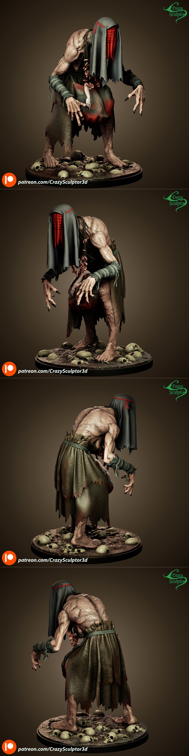 Horror figure of the Crones by Crazy Sculptor, standing on a skull-covered base. The figure wears a hooded cloth and...