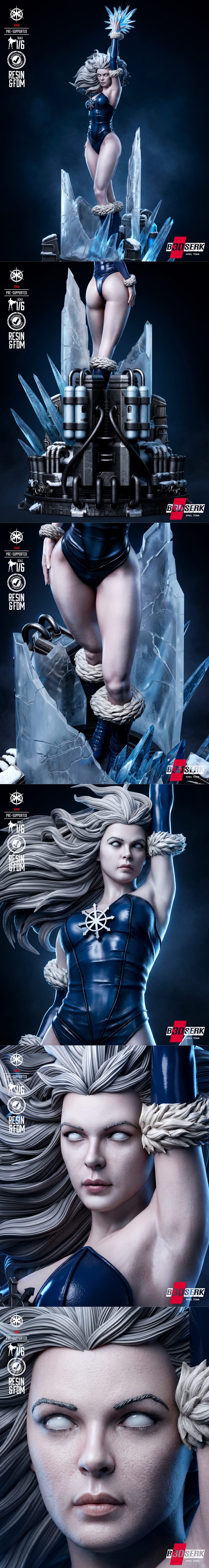 1/6 scale Killer Frost 3D model by B3DSERK, standing on an icy diorama base with a computer terminal, holding a burst...
