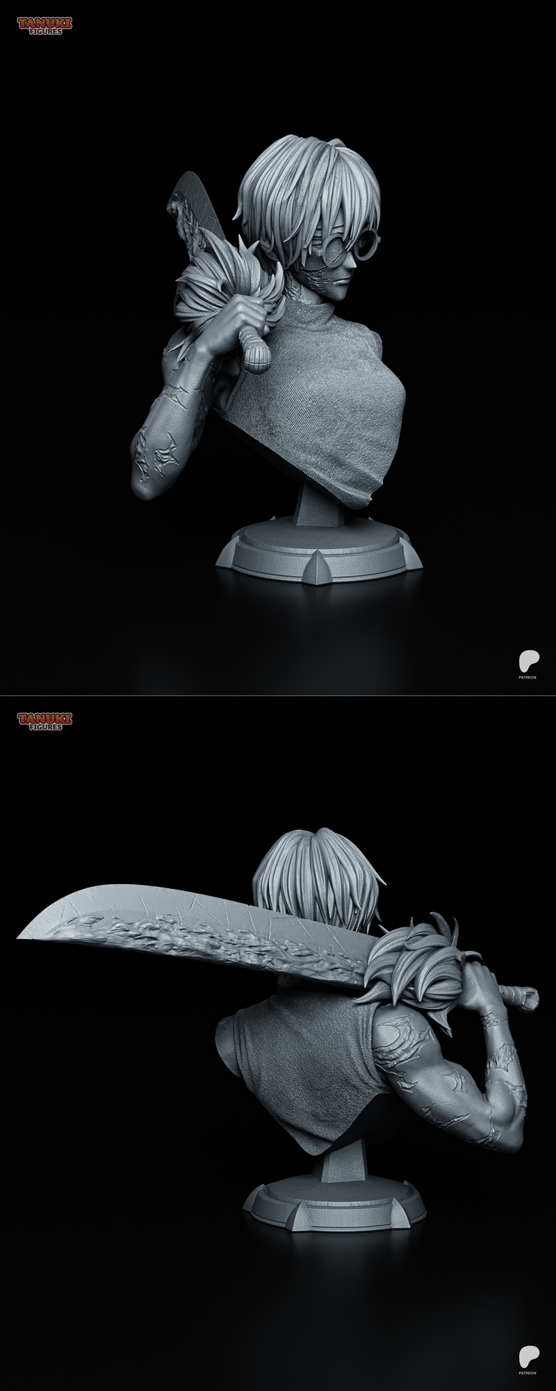 Bust of a female character with round glasses and spiky hair, holding a large sword over her shoulder. Scars are visi...