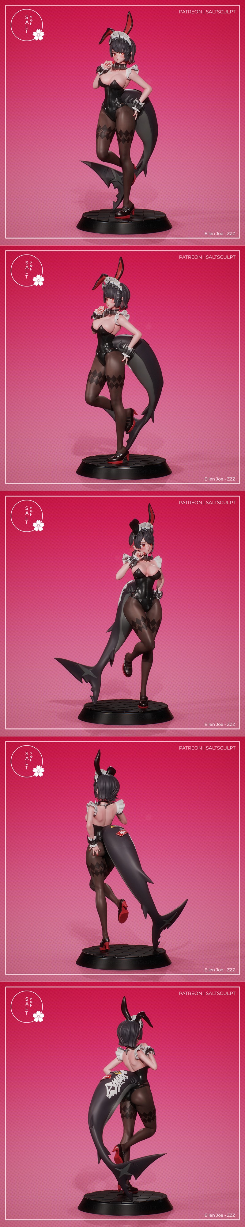SaltSculpt 3D model of Ellen Joe in a black bunny girl outfit with maid accents, featuring bunny ears, thigh-high sto...