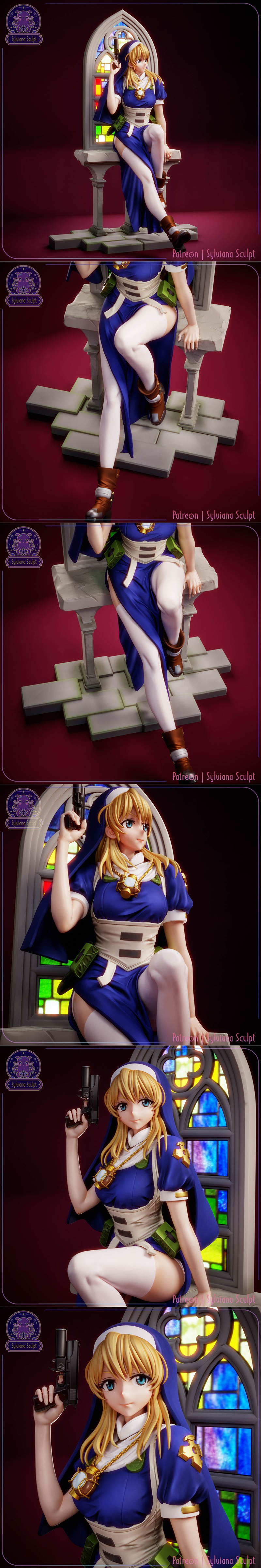 Rosette Christopher anime figure in blue nun outfit holding a pistol, seated on a pedestal with a gothic stained glas...