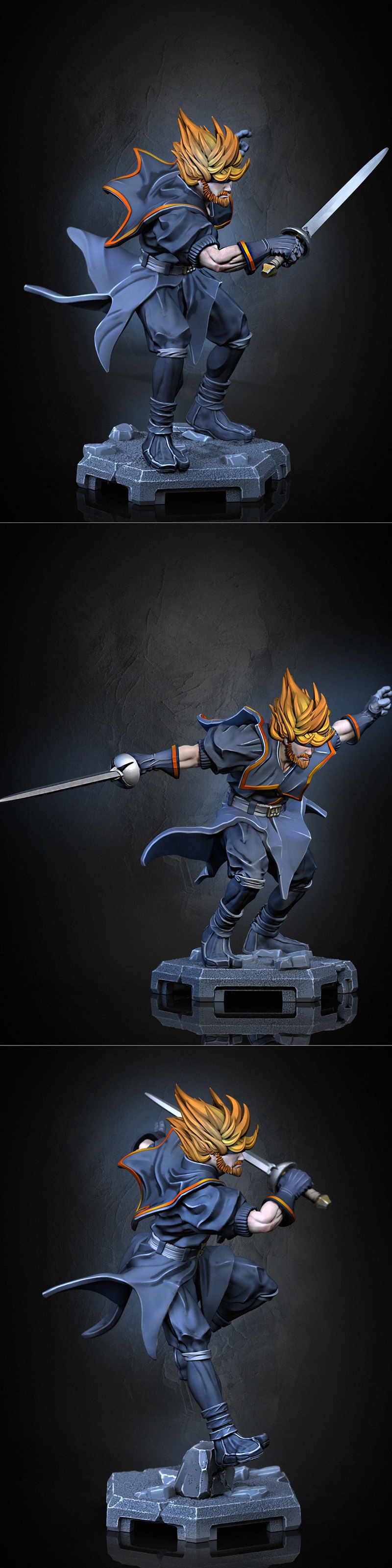Three figures of the Nightshade BOSS character by Dragun Studios, each in a dynamic combat pose with swords, featurin...