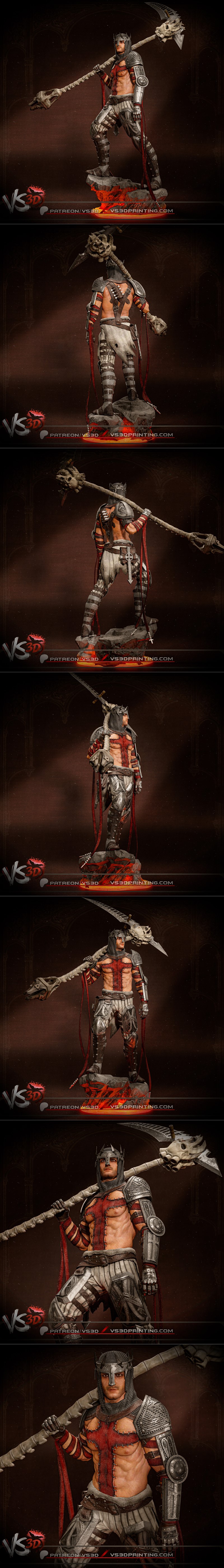 Dante Alighieri figure from VS3D, standing on a hellish base, holding a skull-adorned scythe. He wears segmented armo...