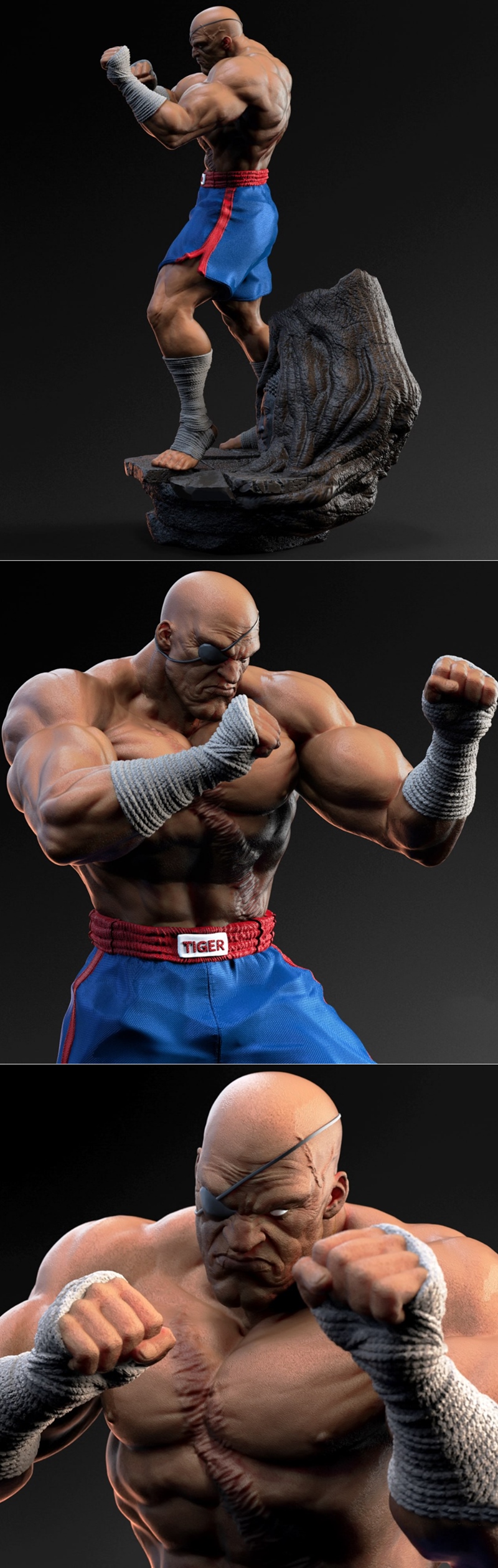 Muscular, one-eyed Sagat from Street Fighter in a fighting stance, wearing blue Muay Thai shorts and hand/foot bandag...