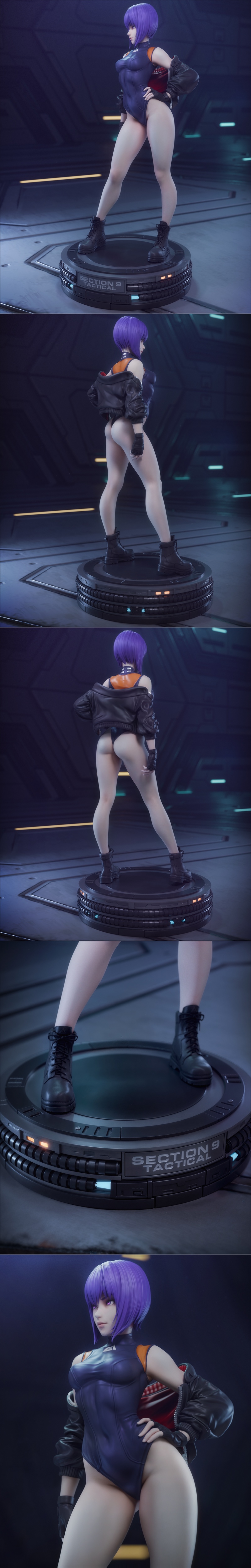 Motoko Kusanagi figure in a purple bodysuit and black jacket, standing on a tactical base. Purple hair, combat boots,...