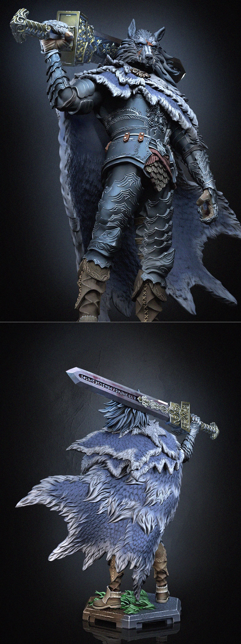 Dragun Studios 3D model of Blaidd the Half-Wolf from Elden Ring, wearing ornate armor and a fur cape, holding a large...