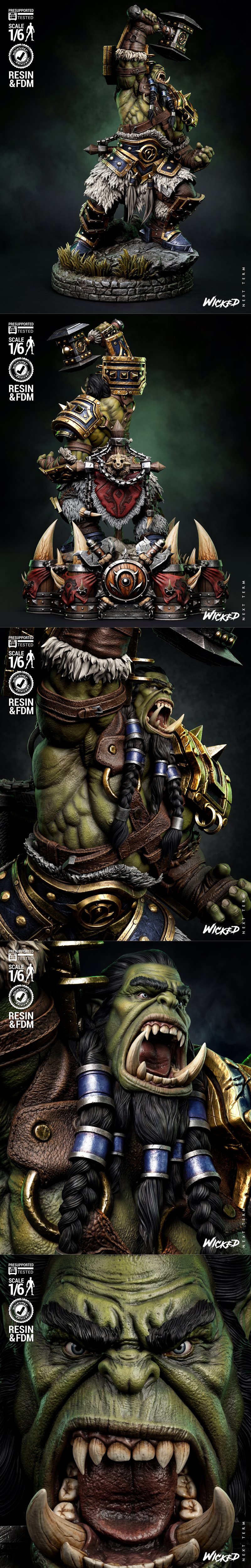 1/6 scale 3D model of Thrall from Warcraft, an Orc wielding a large hammer, wearing detailed armor and fur, posed her...