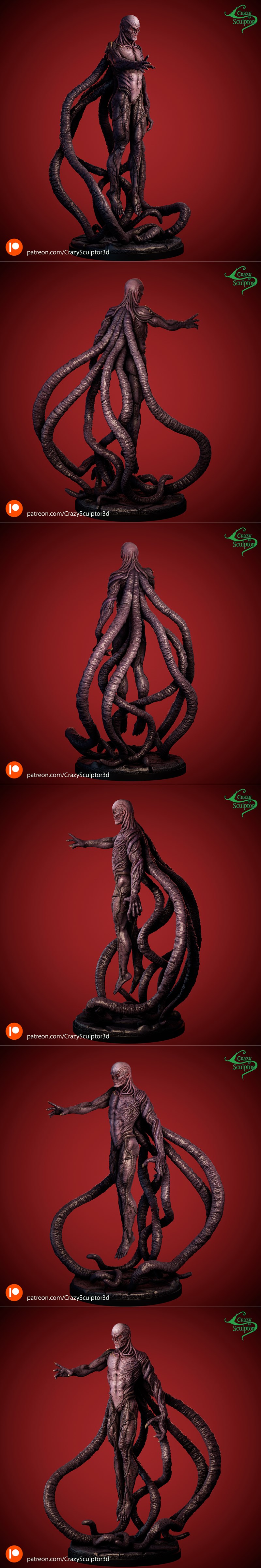 3D model figure of Vecna from Stranger Things, a gaunt humanoid monster with exposed musculature and multiple dark te...