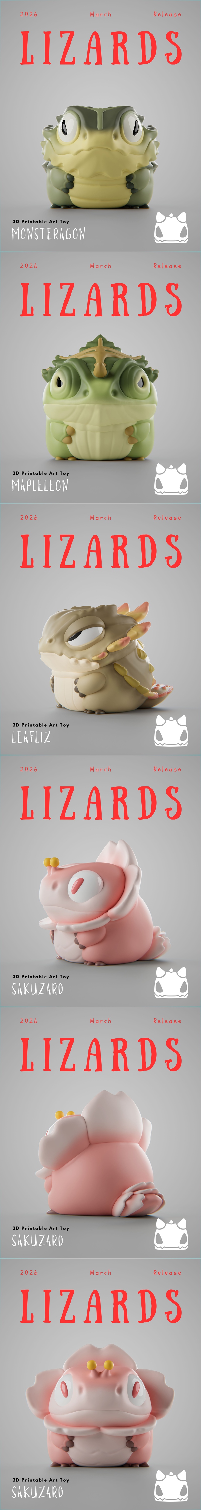 Four stylized, chibi-style lizard figures in green, brown, and pink. Grumpii Art Toy logo visible.