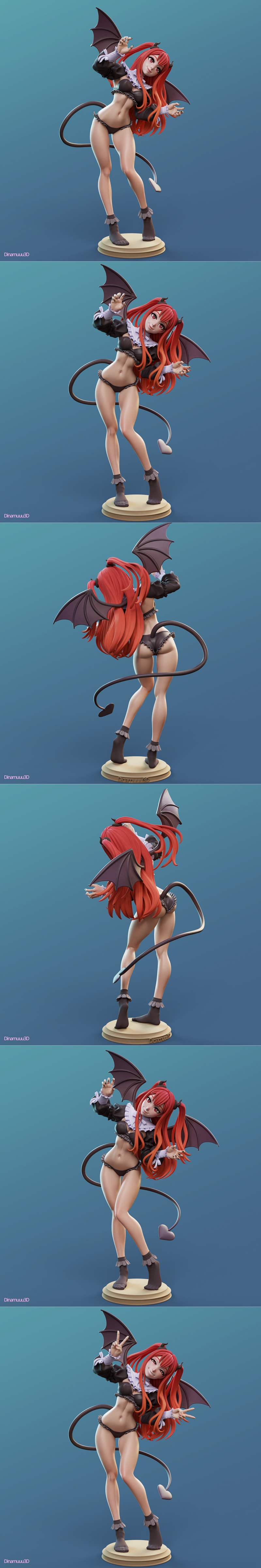 Two 3D printable figures of Marin Kitagawa from My Dress-Up Darling. One figure is a demon girl with red hair, bat wi...