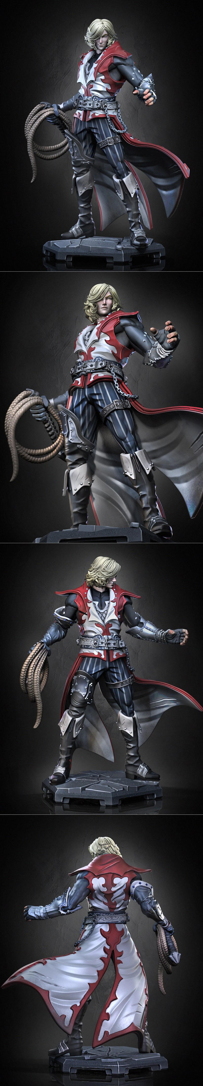 3D model of Leon Belmont from Castlevania, holding a whip. One version is painted, showing red, white, and blue attir...