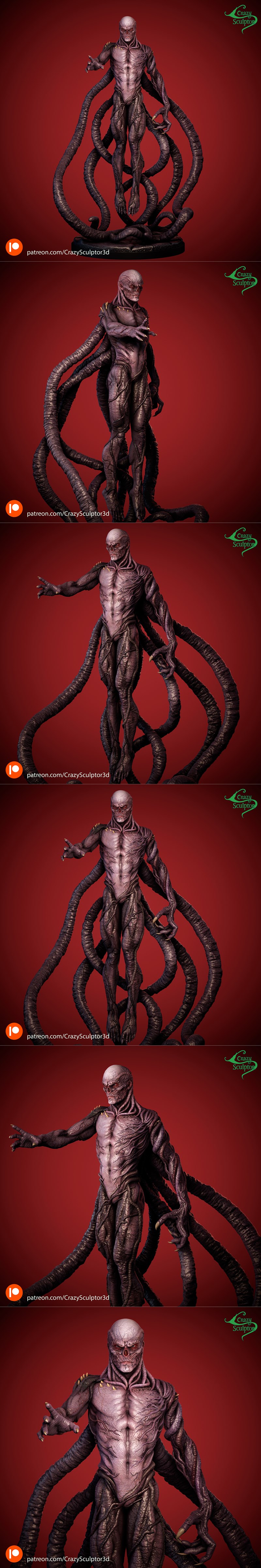 3D model figure of Vecna from Stranger Things, a gaunt humanoid monster with exposed musculature and multiple dark te...