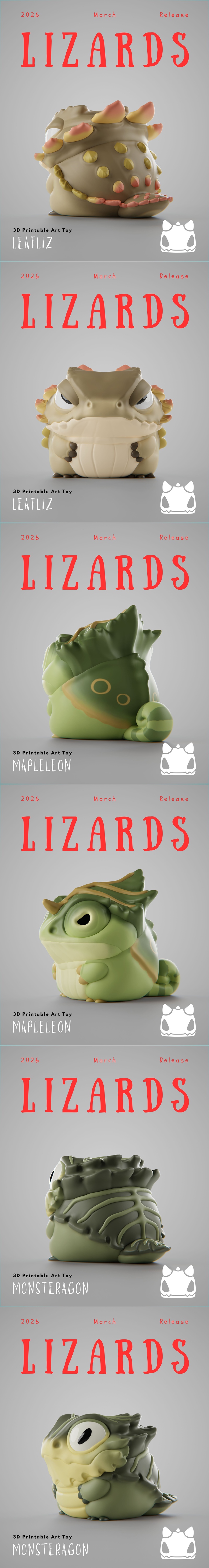 Four stylized, chibi-style lizard figures in green, brown, and pink. Grumpii Art Toy logo visible.