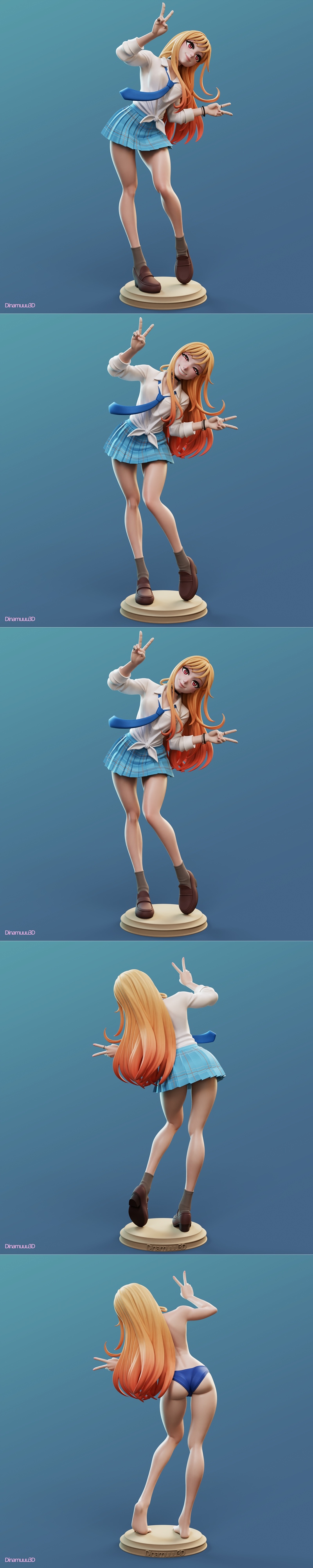 Two 3D printable figures of Marin Kitagawa from My Dress-Up Darling. One figure is a demon girl with red hair, bat wi...