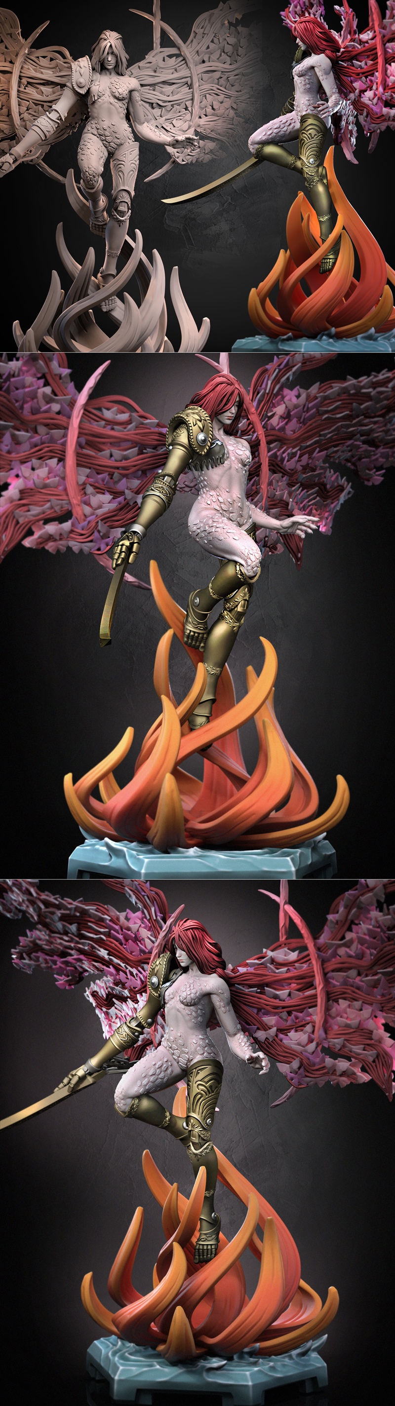Malenia, Blade of Miquella, from Elden Ring, depicted as a 3D printable figure by Dragun Studios. She has red hair, a...
