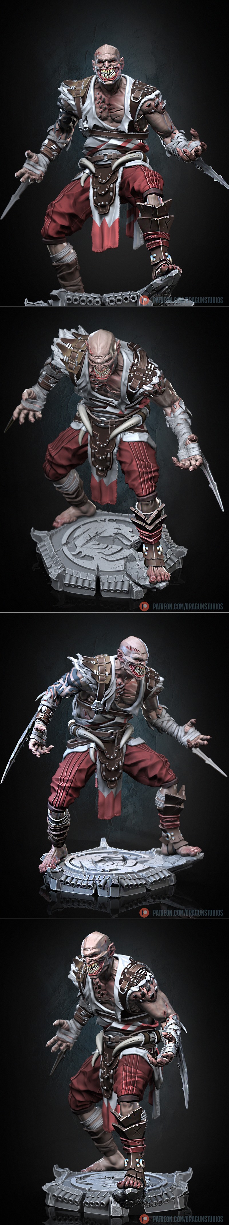 Baraka from Mortal Kombat, a monstrous figure with sharp teeth and blades, wearing tribal armor and red pants, posed...