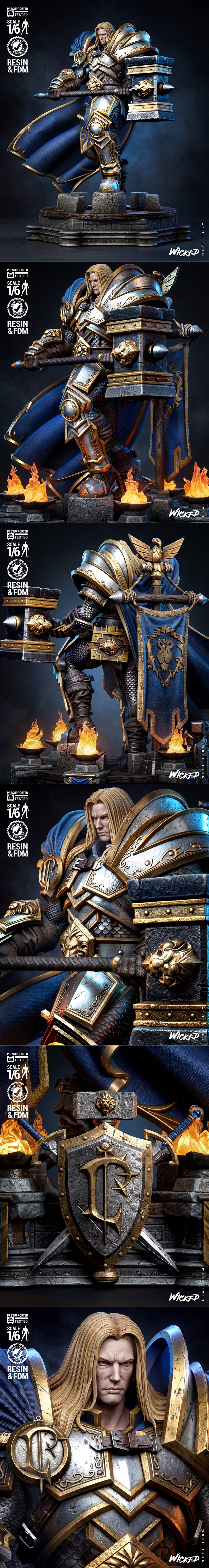 1/6 scale 3D model of Arthas from Warcraft III, holding a large hammer, wearing ornate armor and a blue cape, standin...
