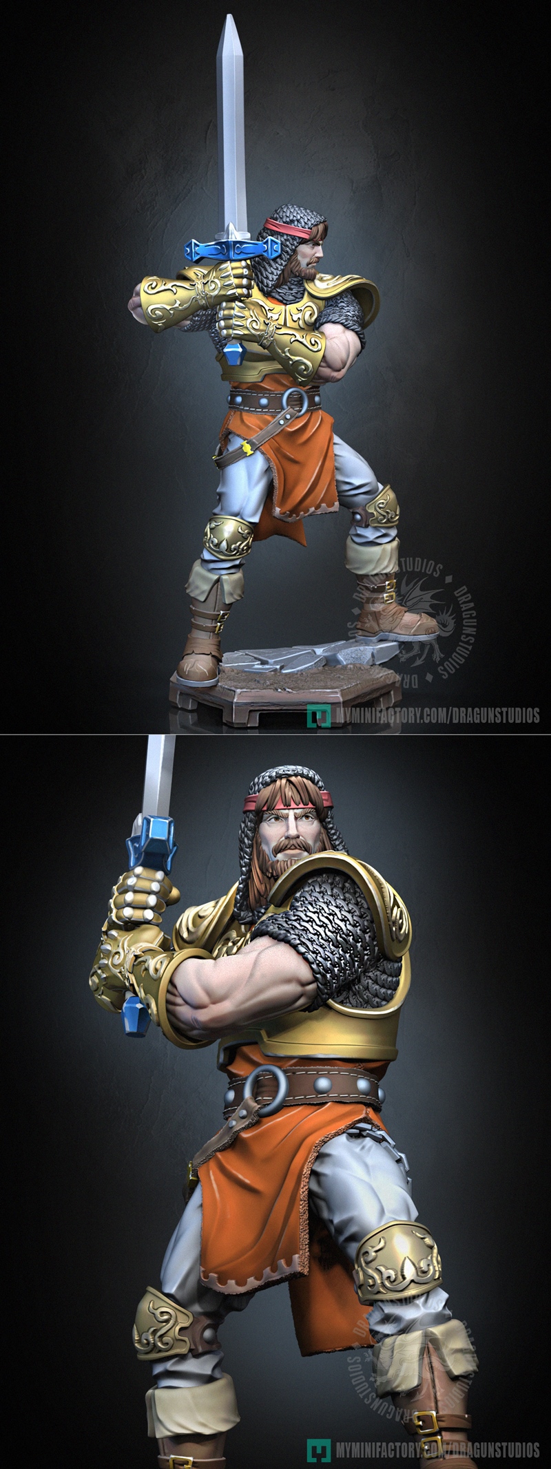 King Arthur 3D model figure by Dragun Studios, wearing golden armor, chainmail, and an orange tunic, holding a sword...