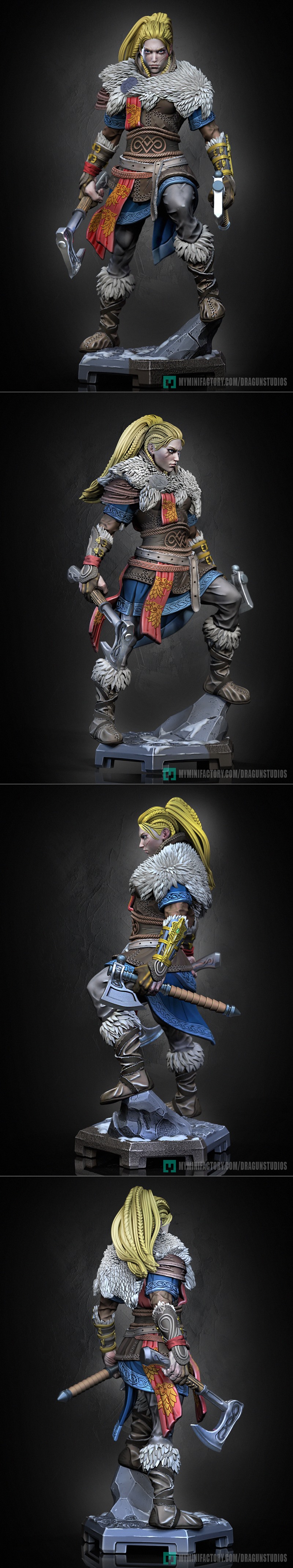 Two 3D printed figures of Eivor Varinsdottir, one painted, one unpainted, in dynamic poses with axes, wearing Viking-...
