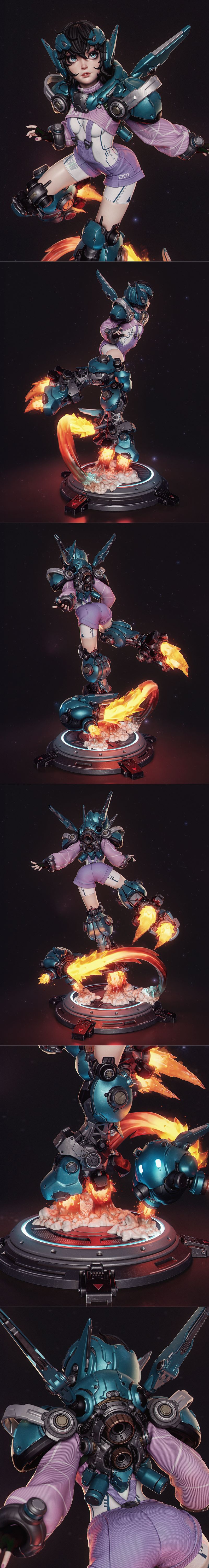 Female mechagirl figure by CA 3D Studios in a dynamic action pose, with teal and blue cybernetic armor, thrusters emi...