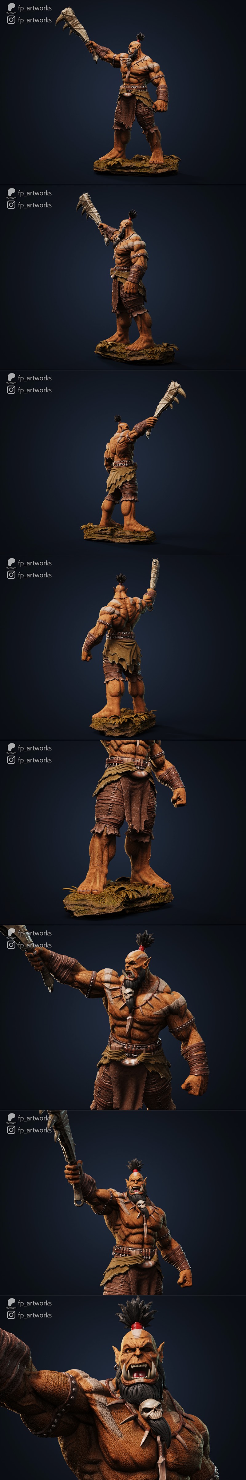 FP Artworks 3D model of Kilrogg Deadeye, a muscular orc warrior with a mohawk and beard, holding a spiked club overhe...