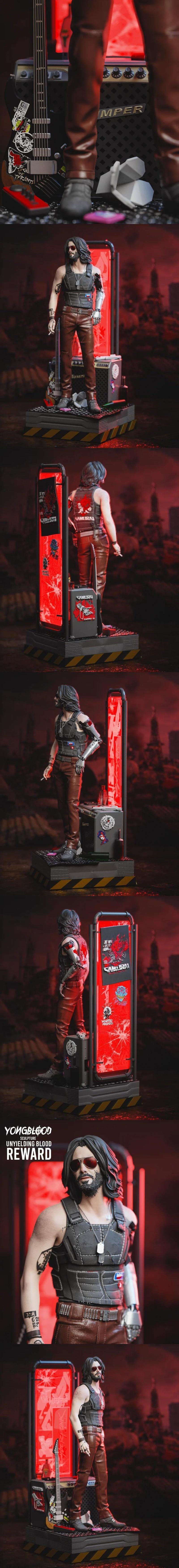 Johnny Silverhand 3D model figure by Yongblood Sculpture, wearing sunglasses, tactical vest, and leather pants, with...