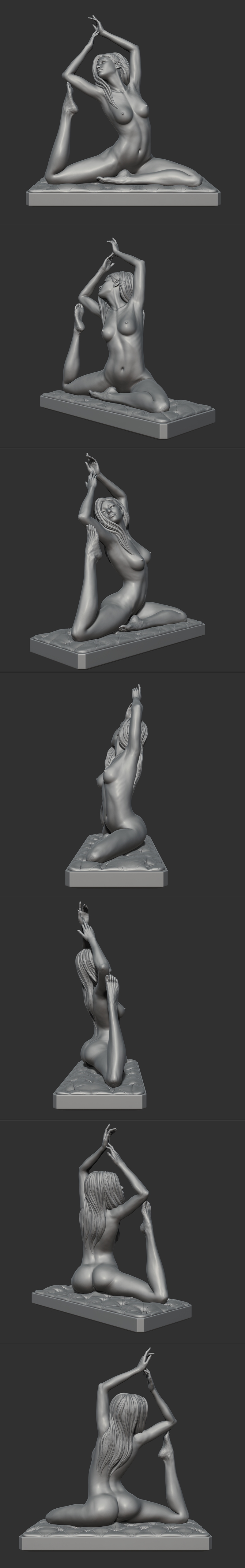Aronon 3D model of a nude female figure in a complex yoga pose, with one leg extended upwards and the body contorted...