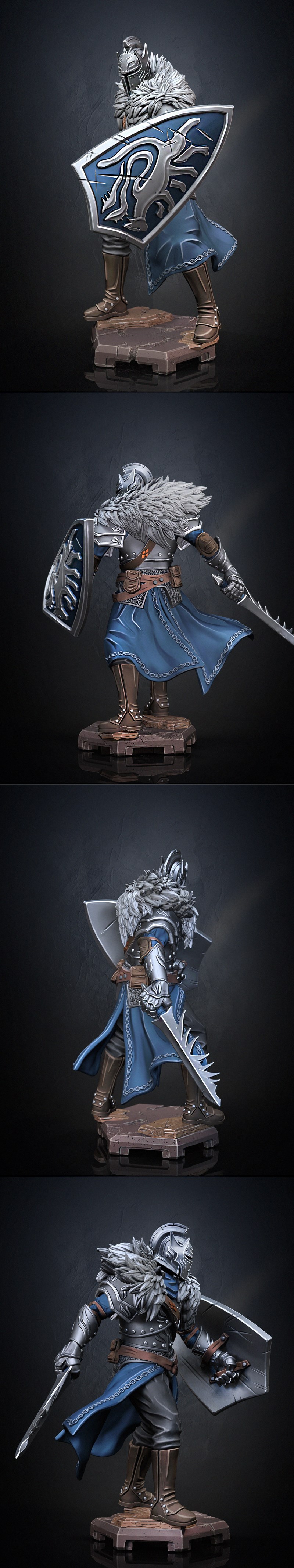 Faraam Knight 3D model from Dragun Studios, wearing ornate silver armor, a blue cape, and fur collar, holding a serra...