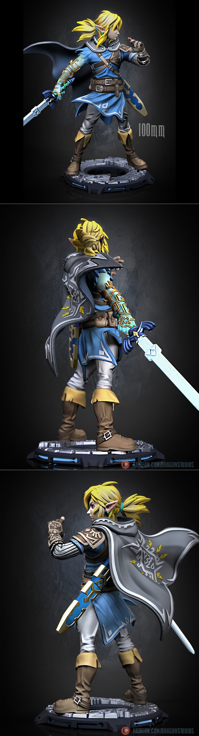 3D model of Link from The Legend of Zelda, holding the Master Sword, wearing blue tunic and brown armor, on a futuris...