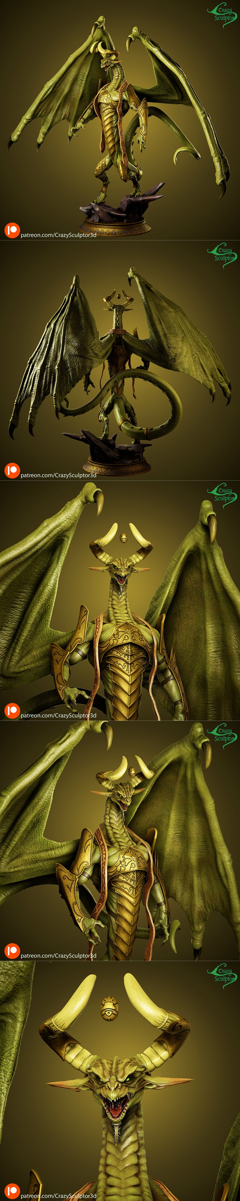 Green dragon Nicol Bolas with large wings and ornate gold armor, standing on a rocky base. Model by Crazy Sculptor.