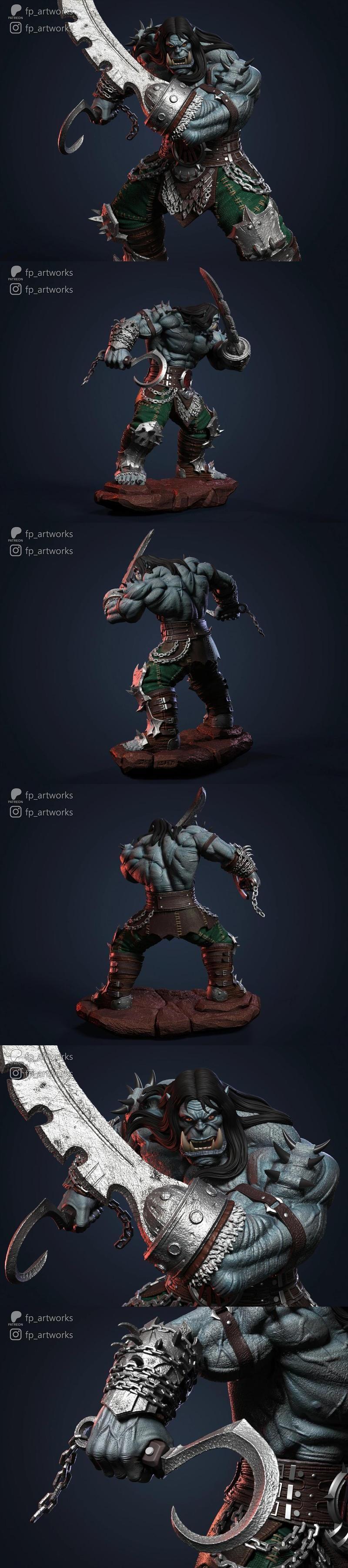3D model figure of Kargath Bladefist, an orc warrior from Warcraft, in a dynamic pose with a large sword, wearing det...
