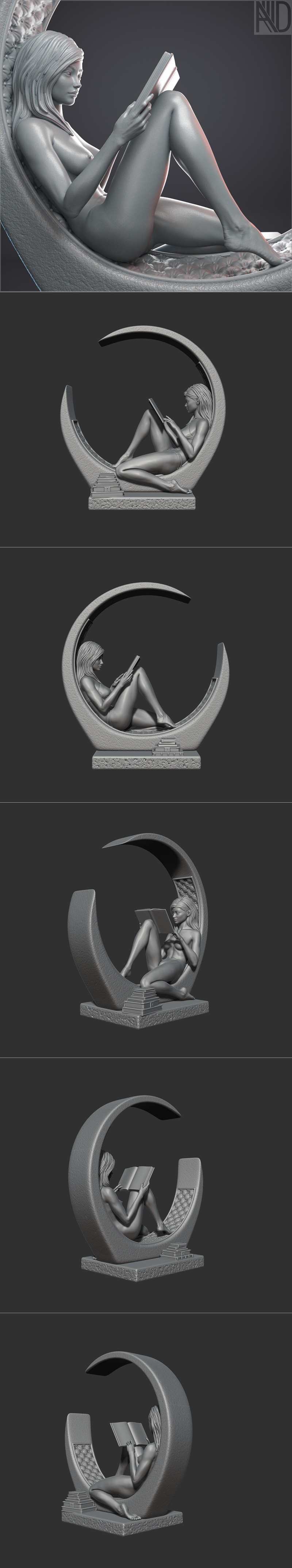 Aronon 3D model of a young woman reclining in a decorative chair, reading a book. Realistic sculpt with detailed hair...