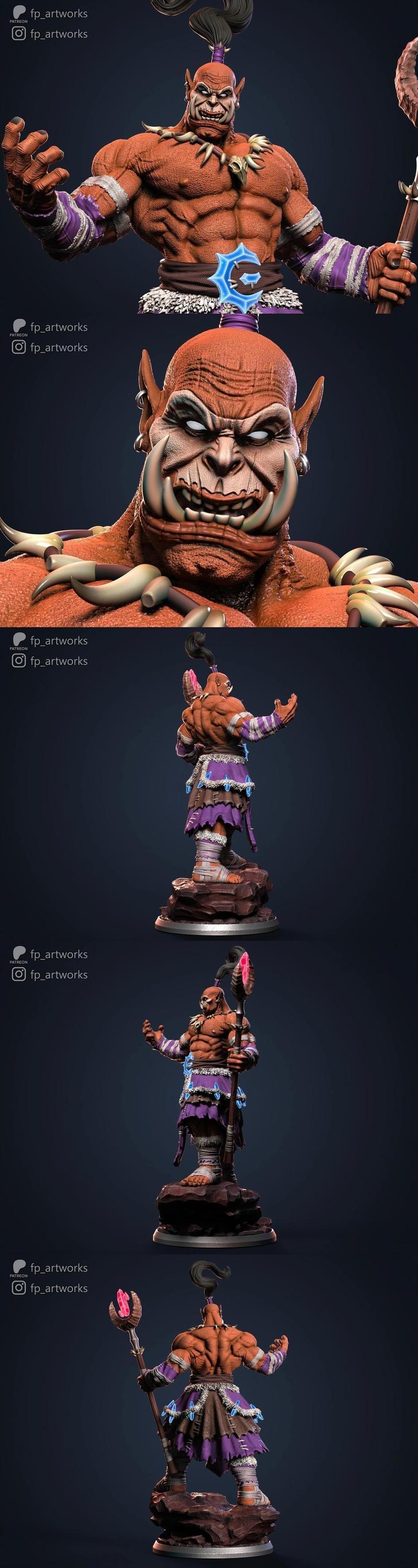 3D model figure of Ner'zhul from Warcraft, a muscular orc shaman with a staff, wearing tribal purple and fur attire,...