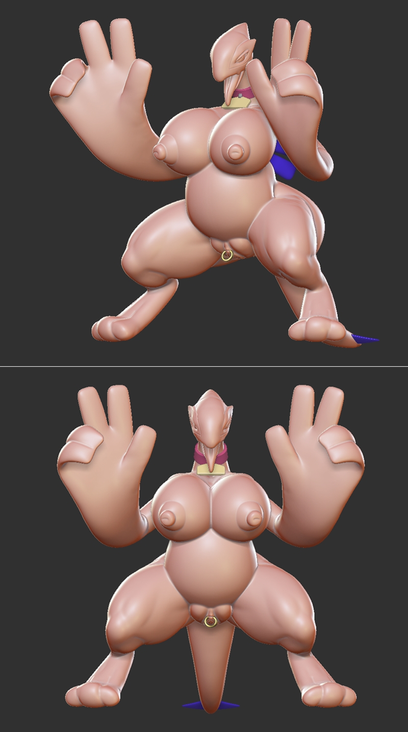 3D model of anthropomorphic Lugia in a crouching pose, making peace and rock on hand gestures, with artistic censorsh...