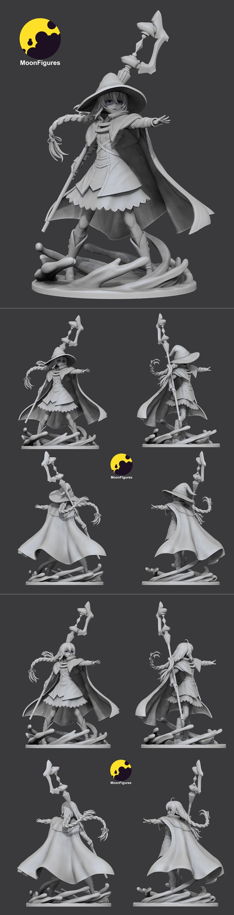 Roxy Migurdia 3D model figure in witch hat and cape, holding a staff, standing on a magical blue base. Inset shows a...