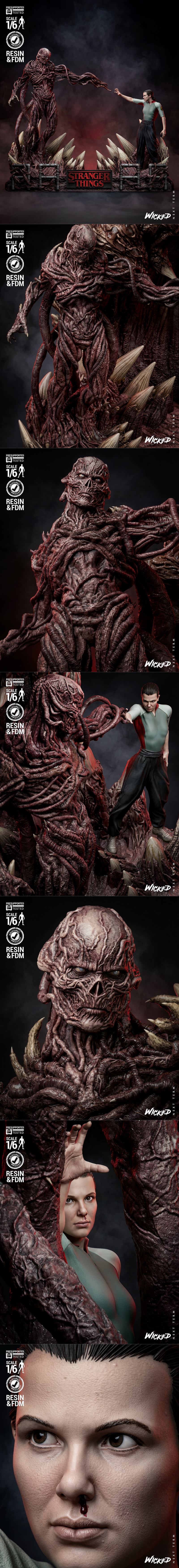 1:6 scale Stranger Things diorama featuring Vecna and a human character confronting the monster's gaping maw, with th...