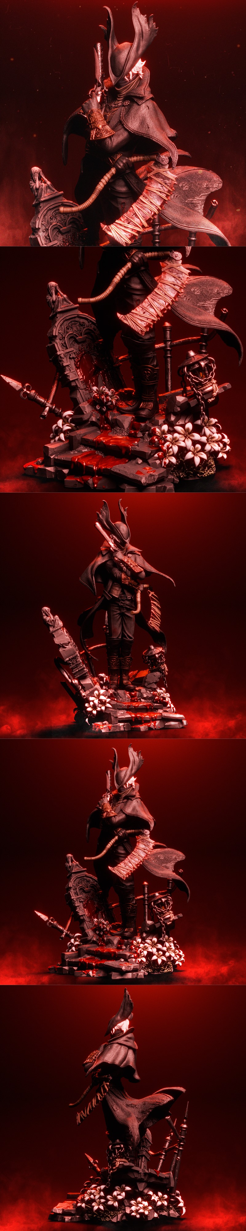 Bloodborne Hunter 3D model figure, wielding a Saw Cleaver and firearm, standing on a gothic base with blood and flowers.