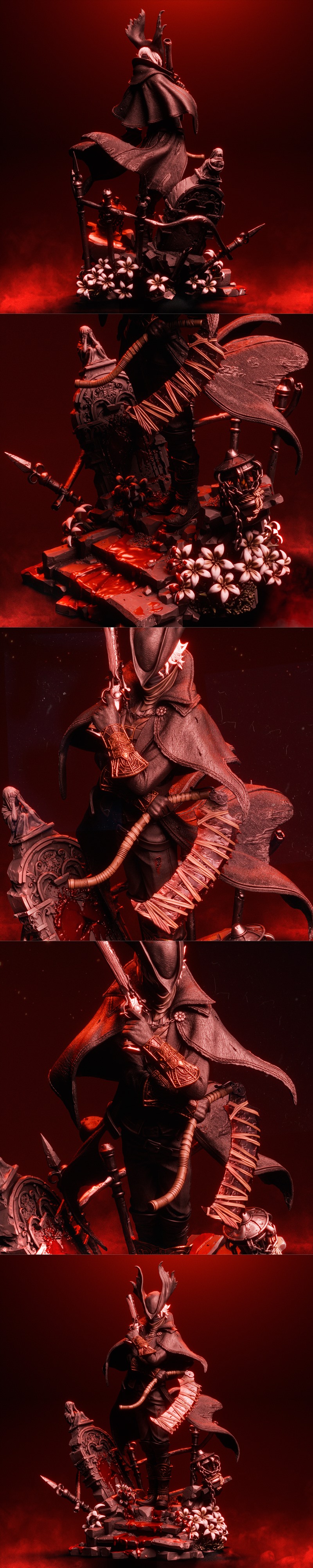 Bloodborne Hunter 3D model figure, wielding a Saw Cleaver and firearm, standing on a gothic base with blood and flowers.