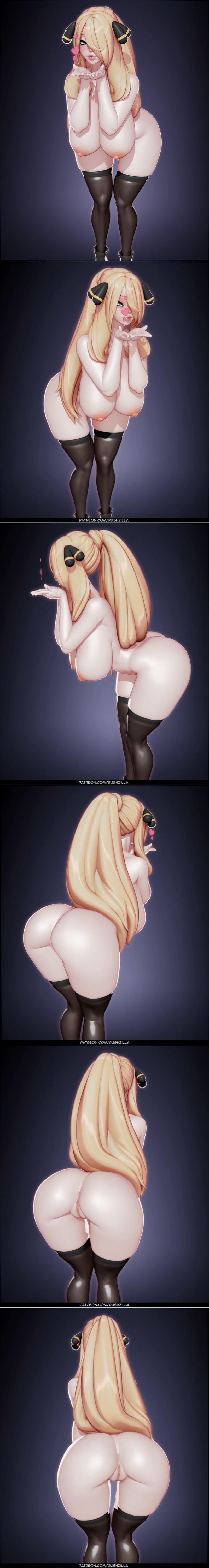 Rushzilla 3D model of Cynthia from Pokemon, blowing a kiss, wearing a black revealing outfit and thigh-high stockings.